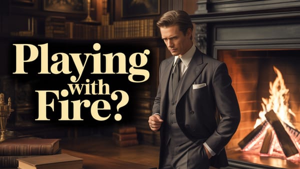 Man in suit standing by fireplace with text "Playing with Fire?" -guarding the heart and resisting temptation.